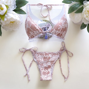 Beige lace print string bikini - made in USA - Cheeky or Regular coverage