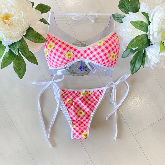 Red Gingham Daisy String Bikini Pads Included Cheeky or Regular Coverage 