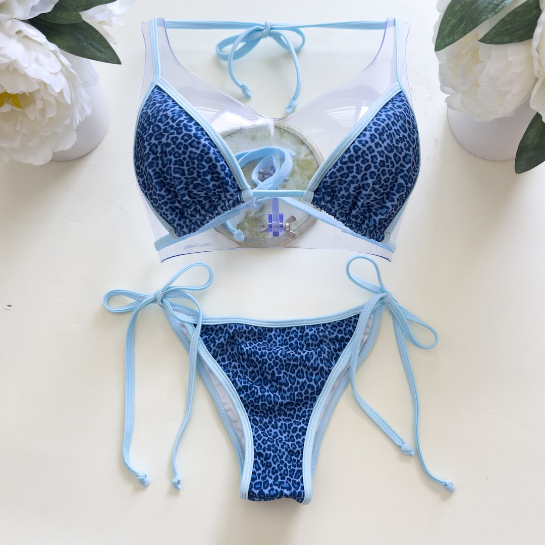 Baby Blue Cheetah Print Bikini Made in USA Cheeky or Regular Coverage