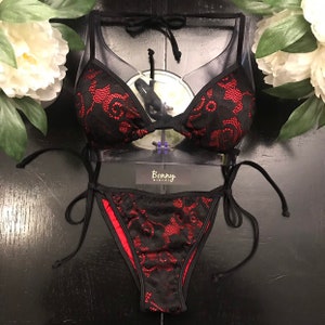 Red / Black Rose String Bikini - Pads included