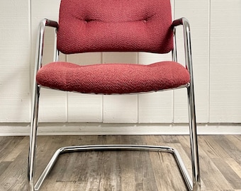 Vintage Steelcase Cantilever Chair: Burgundy Upholstered Chrome Lounge