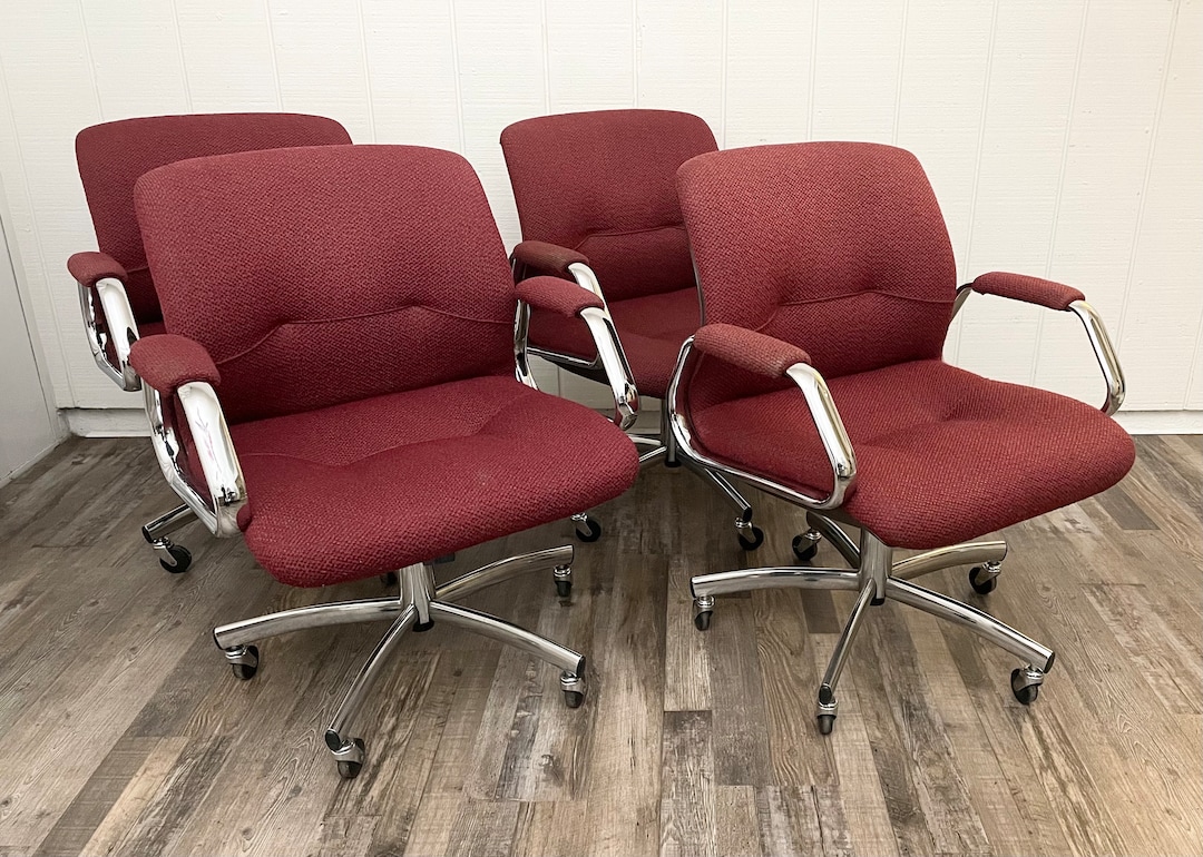 Vintage Red Steel Case Metal Office Chairs: Retro Chrome Swivel