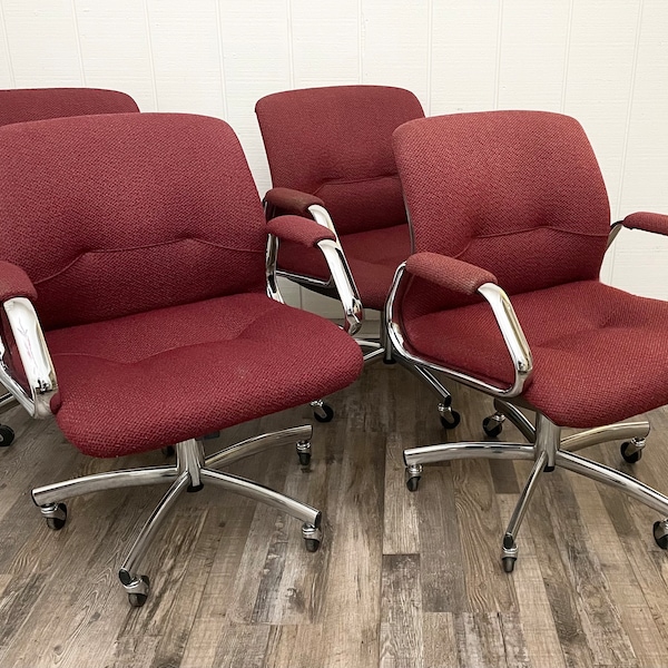 Vintage Rolling Swiveling Steelcase Chairs - Industrial Retro Furniture Chairs for the Home -  Red Upholstered Chrome Rocking Lounge Chairs