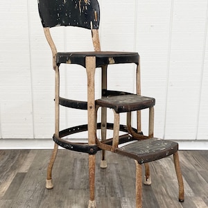 Rusty Cosco Chair - Vintage Step Stool Kitchen Furniture - Rusty Looking Garden Stool with Pull Out Steps- Eclectic 3-Tier Plant Stand Stool