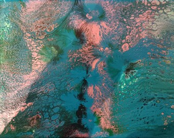Fluid Art, Swipe Technique, Abstract Painting, Canvas - Turquoise, Copper, Teal, Black