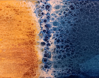 Fluid Art, Swipe Technique, Abstract Painting, Canvas - Blue Gold White