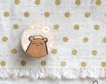 Hand-Painted Beary Royal Bear (Copper Brown) - Wooden Necklace Pin-back Brooch