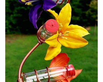 Modern 4 Station Spiral Hummingbird Feeder /Copper /Silk Flowers /Glass Bottles /New Look