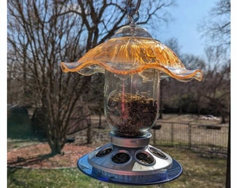 Hummingbird Feeder Bee Proof with choice of 8 oz Clear or Cobalt Bottle with Red Glass Plate