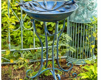 Iron Birdbath with 2 Birds in Frosted Blue Finish