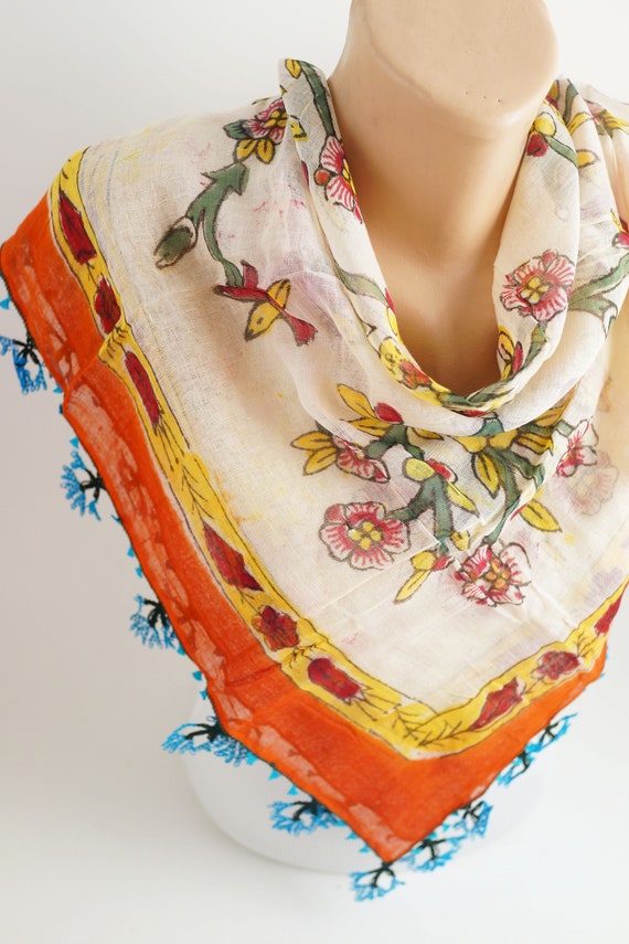 70s hand painted antique turkish hair scarf, lace… - image 9