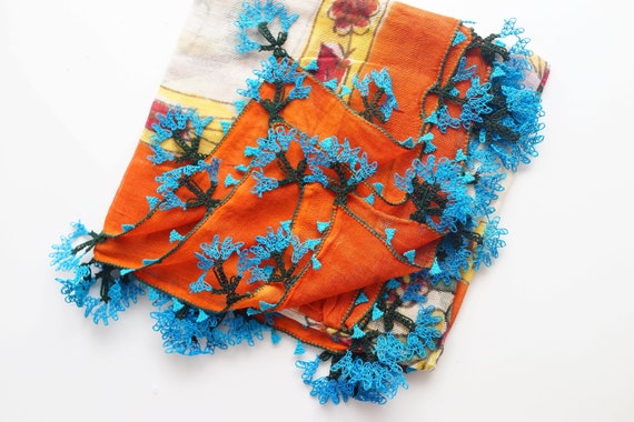 70s hand painted antique turkish hair scarf, lace… - image 2