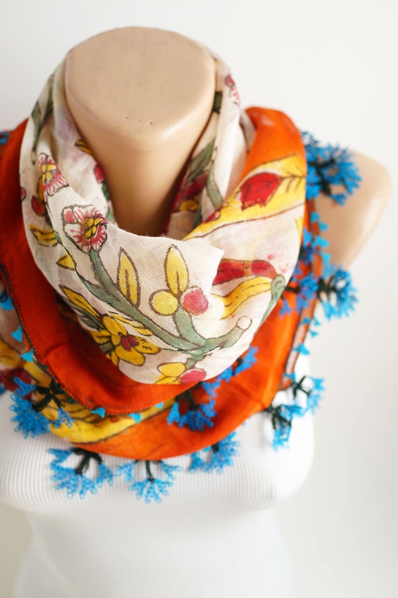 70s hand painted antique turkish hair scarf, lace… - image 3