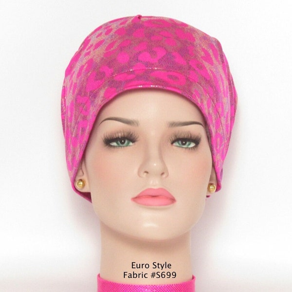 Euro silky knit hologram scrub hat/Medium pink, foil dots in multi color, random pattern/Vet, Doctor, Nurse surgical hats/Medical scrub hats