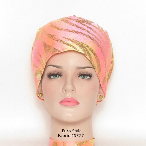 Euro silky knit hologram scrub hat/Peach, pink, yellow, gold holograms on top/Medical scrub hat/Doctor, Nurse, Vet surgical scrub hat/OR hat