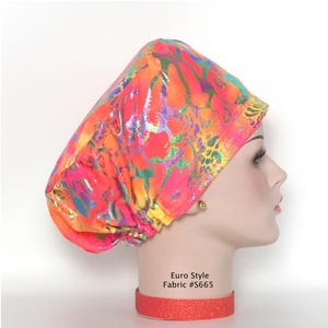 Euro style silky knit scrub hat-peach, pink, and yellow with multicolor foil design-medical, doctor, nurse, OR scrub hat/cap-adjustable
