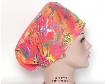 Euro style silky knit scrub hat-peach, pink, and yellow with multicolor foil design-medical, doctor, nurse, OR scrub hat/cap-adjustable