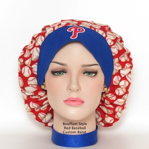 Custom Philadelphia Phillies bouffant scrub hat/Red with baseballs, blue band and red &quot;P&quot;/Medical scrub hat/Doctor, Nurse,  scrub hat/OR hat