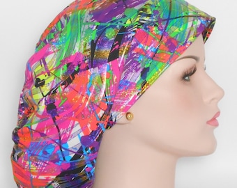LAST 2 Morgan, Tubular Style Hologram Silky Knit Scrub Hat- Multicolor with Gold Hologram Accents-Adjustable