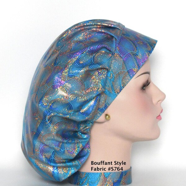 Banded Bouffant Style Hologram Silky Knit Scrub Hat; Aqua w/Peacock Feathers, Gold, Royal 1/8" Hologram Dots-Adjustable