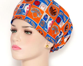 Custom Design Euro Style New York Knicks Scrub Hat: Orange and Blue with Knicks Logos and Words; Adjustable, Synthetic Fabric