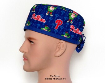 Gorro quirúrgico mediano Phillies con corbata para hombre, color royal Phillies Phanatic, "P" roja, para médico o enfermero
