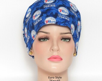 Philadelphia Sixers cotton Euro OR hat/Shades Blue of Camo fabric, 76ers emblems/Medical scrub hats/Doctor Nurse surgical scrub hats/OR caps