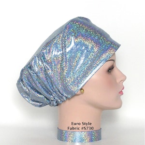 Euro Style Hologram Silky Knit Scrub Hat; Light Blue with Silver Hologram Dots; Adjustable