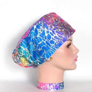 Euro style silky knit scrub hat-beautiful multi colors, silver hologram overlay-medical scrub hat-doctor, nurse, vet surgical hat-OR hat