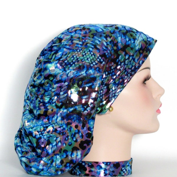 Morgan, Tubular Style Hologram Silky Knit Scrub Hat: Blue Foil Dots, Adjustable Toggle