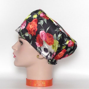 Black Satin Skulls & Roses Scrub Hat - Euro Style Surgical Cap