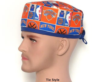 Custom Design Men's Tie Style New York Knicks Scrub Hat: Orange and Blue with Knicks Logos and Words; Synthetic Fabric
