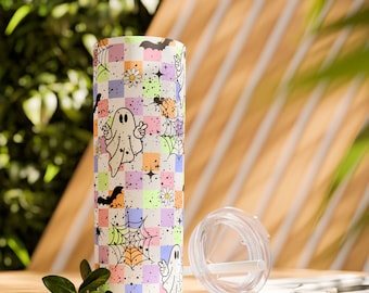 Retro Halloween Tumbler,20oz Skinny Tumbler,Checkered Ghost Tumbler,Spooky Season Tumbler,Pastel Halloween,Skinny Tumbler with Straw, 20oz