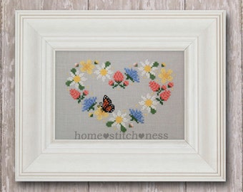 Summer Cross Stitch Pattern | Wildflower Stitch Design | Floral Heart Wreath Cross Stitch | Summer Garland | PDF Chart | Digital Download