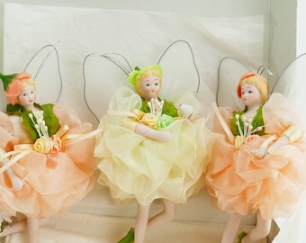 Vintage Trio Christmas Ornament Ballerina Doll porcelain Tutu Fairy Angel 8&quot; princess in tutu holding bird floral
