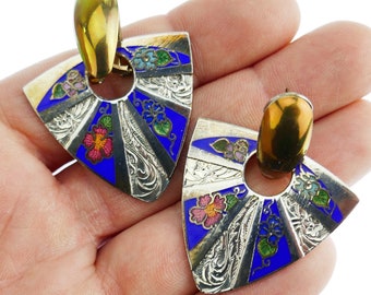 Vintage Triangular earrings Enamel Decoration Funky Retro punky floral