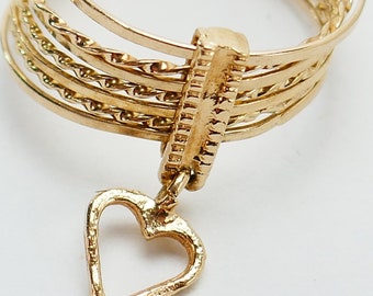 Vintage 10K Yellow Gold multiple band Ring Size 9 US minimalist stackable dangle open heart semainier - Fine Jewelry - Solid Gold