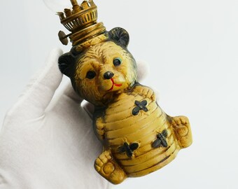 Vintage Miniature oil Lamp honey bear with glass shade Japan