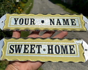Your Name / text Original NEW OLD stock Sign Reverse Foil Glass Tin Vintage Advertising Diner Bar Barber Haus house Antique Scalloped