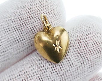 10K Yellow Gold heart Charm pendant good luck 3D matte color etched star - Solid Gold - Fine Jewelry