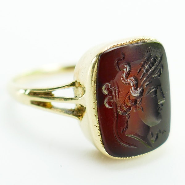 14K yellow Gold Antique Black Carved Cameo roman Ring Size 5.5 US - Solid Gold - Fine Jewelry
