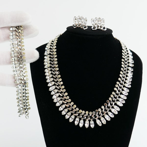 Vintage silver tone cuban link chain Designer Signed Costume Jewelry CORO matching Necklace screw earrings bracelet