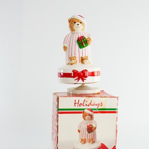 Vintage Musical Himark Christmas Figurine Teddy Bear Revolving Action Taiwan silent night