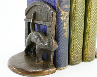 Rare lot de 2 serre-livres vintage en fonte de chat en métal, figurine de cheminée en fonte