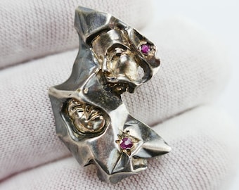 Vintage Brooch Sterling 925 silver Mask Face Theater Happy abstract pink stones or pendant