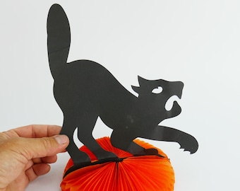 Antique Vintage Halloween Diecut Black Cat Honeycomb Table Centerpiece