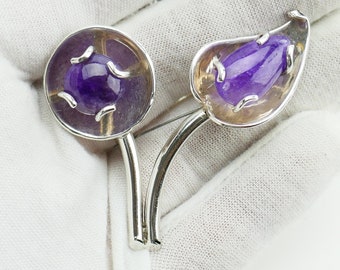 Broche vintage Vargas em prata de lei 925 com flor e pedra roxa, México.