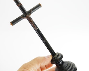 Vintage Wood Metal crucifix Cross Jesus Black God Inri Sacred wooden cross Base