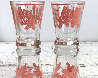 4 Vintage Hazel Atlas Pink Elephant Glass Round Base Whiskey Glass