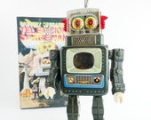 RARE Vintage 1960s Horikawa Television Spaceman TV Robot Japan - Battery Operated Tin Toy